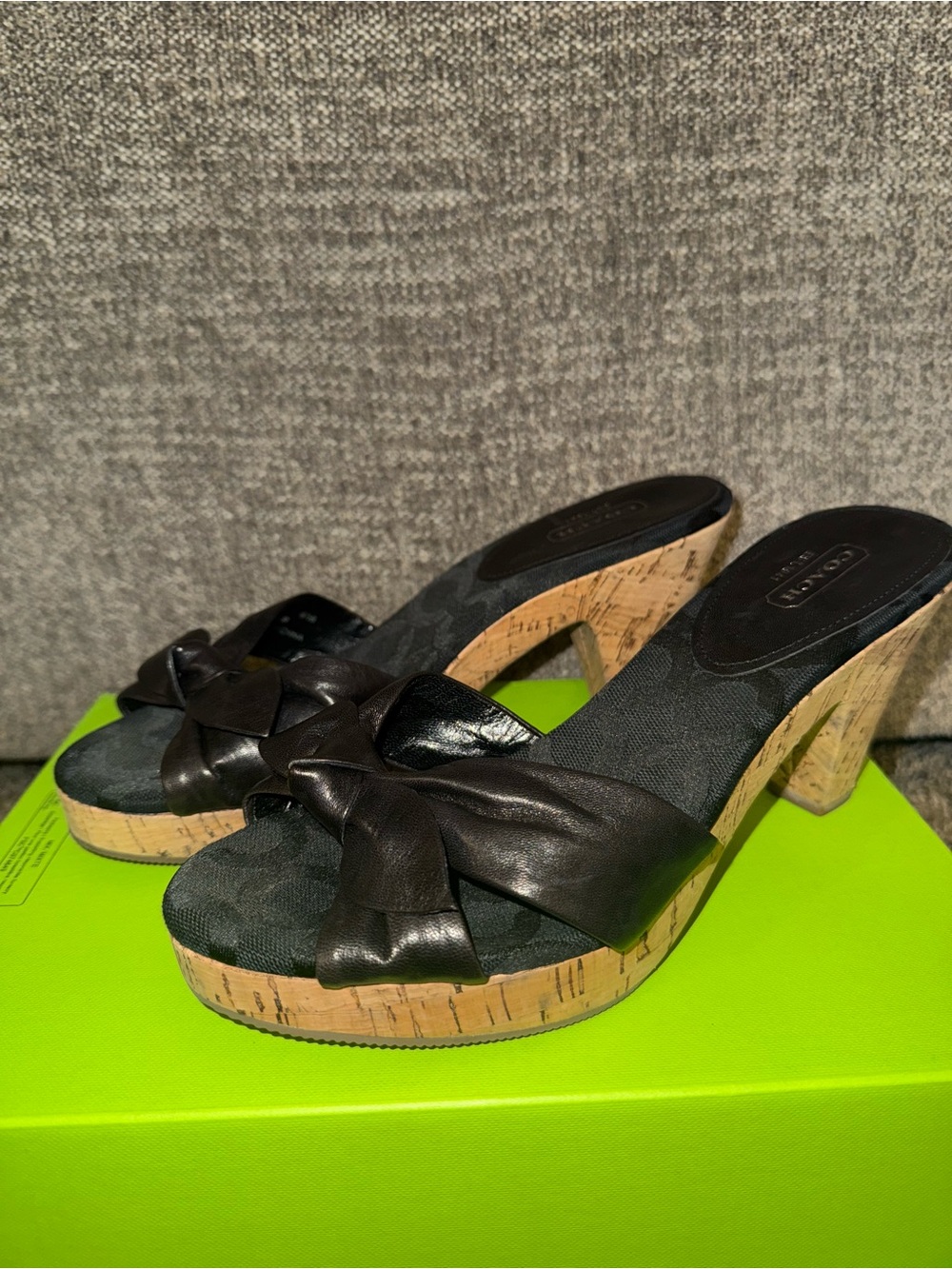 Coach Black Leather Knot Cork Heel Sandals